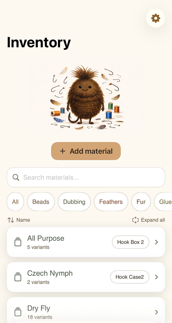 Woolly Bug inventory screen listing materials grouped by type